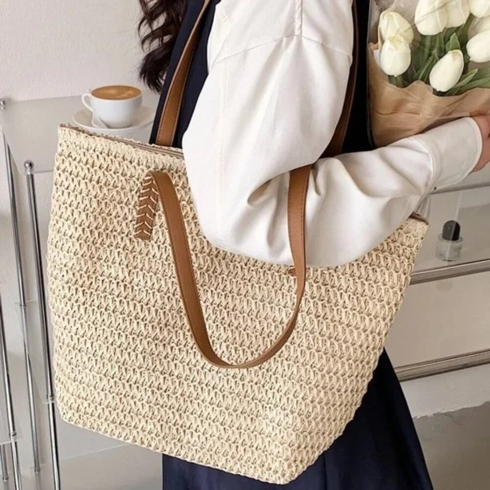 Boho Vegan Leather Strap Minimalist Straw Tote Bag - Picture 2 of 6